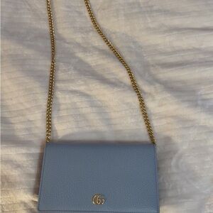 Gucci Light Blue Leather Crossbody Bag with Gold Chain